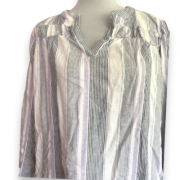 Splendid women's linen blend striped white purple v-neck blouse shirt sz L - Picture 3 of 10